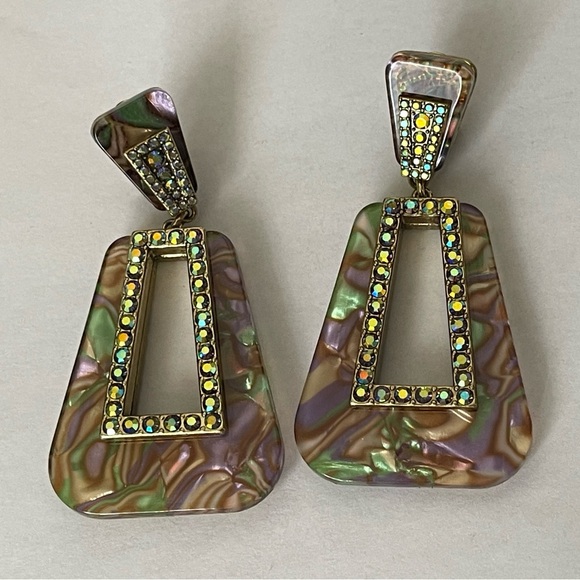 Heidi Daus abalone shell print plastic, Swarovski crystal pierced earrings
